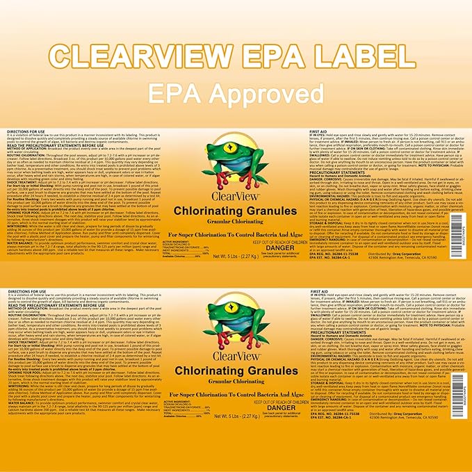 ClearView Chlorine Granules 5 Lbs for Spas and Hot Tubs, Fast Dissolving Chlorinating Granules for Swimming Pools, Chlorine Shock Granular Sanitizer, 5 Pounds