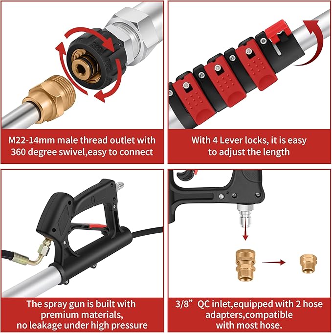 24 FT Gutter Cleaning Tools from The Ground - Telescoping Pressure Washer Wand - Gutter Cleaner Attachment with Power Washer Extension Wands, 7 Spray Nozzle Tips, 3 Hose Adapters and Support Belt
