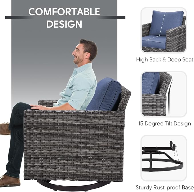 Outdoor Swivel Rocker Chairs - 5 Piece Patio Bistro Set Wicker Patio Rocking Chairs Set with Side Table and Ottomans, 360° Swivel Glider Proch Furniture for Balcony Deck - Grey/Blue