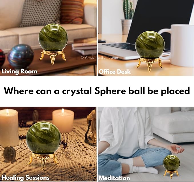 Amazing Gemstone Vesuvianite Crystal Ball with Stand - 2 Inches Crystal Sphere Meditation Balls for Witchcraft and Decorative Balls