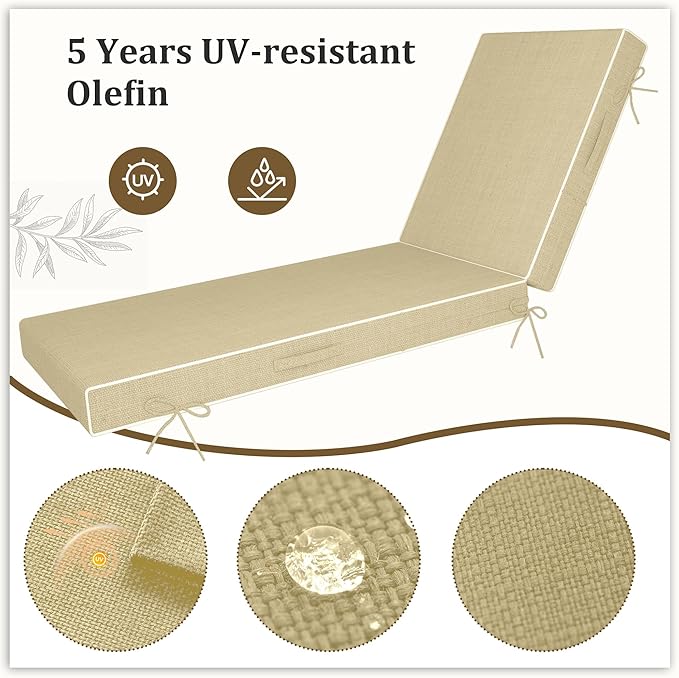 Chaise Lounge Cushions Outdoor Furniture 72 x 21 Inch Olefin Patio Lounge Chair Cushions 4'' Thick Waterproof Outdoor Chaise Cushion Weather Resistant Pool Lounger Cushion (Beige)