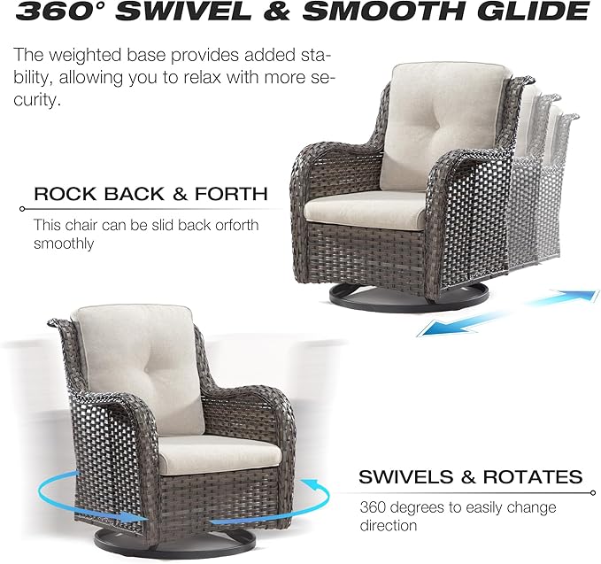 Joyside Outdoor Swivel Rocker Patio Chair - Outdoor Wicker Glider Rocking Chair with Olefin Fabric Cushions Suitable for Porch Deck and Backyard(Mixed Grey/Beige)