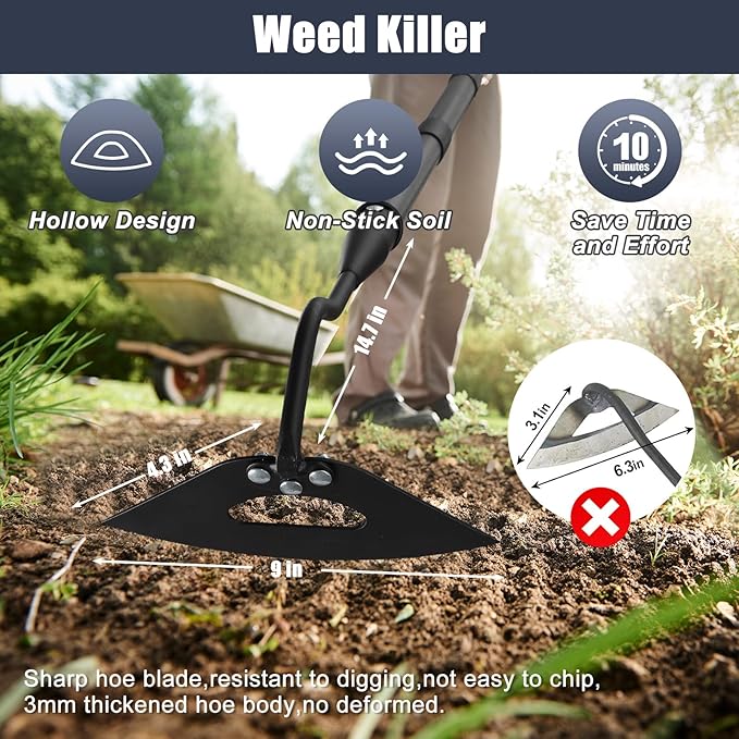 Hoe Garden Tool, Hollow Hoe with 55 Inch Long Handle, Adjustable Manual Weeder Heavy Duty Garden Hoe for Weeding, Digging, Hoeing, Cutting and Loosing Soil