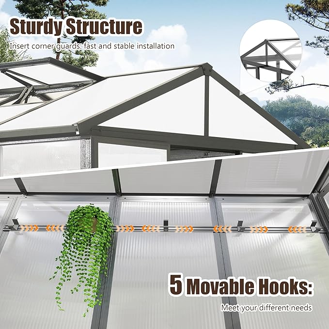 Domi 8x10FT Greenhouse, Polycarbonate Green House with Fully Auto Temperature Control Vent, Outdoor Full Aluminum Heavy Duty Greenhouse with Extra 8FT Walk-in Height for Garden Backyard, Dark Grey