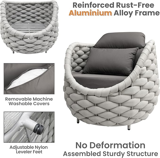 6 PCS Porch Furniture Chair: Patio Accent Chair Aluminum - Woven Rope Cushioned Armchair Assembled - Modern Lounge Single Chair - All Weather 400lbs for Deck Balcony Yard Garden Hotel Poolside