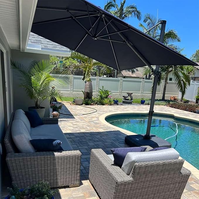 PURPLE LEAF 8 Feet Square Cantilever Umbrella Patio Umbrella with Base Outdoor Umbrella Aluminum Offset with 360-degree Rotation for Garden Deck Pool Patio, Grey