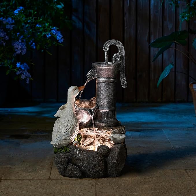 Glitzhome 24" Farmhouse Duck Outdoor Fountain with LED & Pump – 2-Tier Cascading Water Fountain for Outside Garden Decor - Rustic Waterfall for Backyard, Garden, or Patio Decor