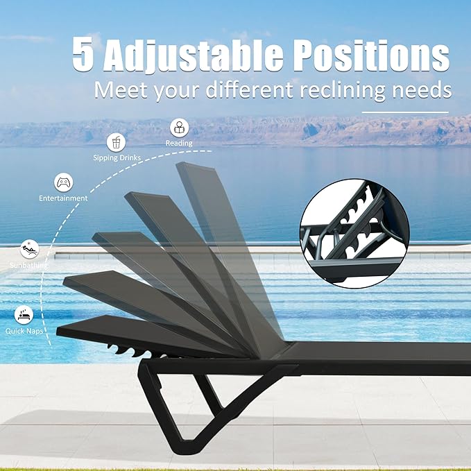 Domi Pool Lounge Chairs, Aluminum Patio Chaise Lounge with Side Table, 5 Position Adjustable Backrest and Wheels, All Weather Outdoor Lounge Chairs for Beach, Yard, Balcony, Poolside, Dark Grey