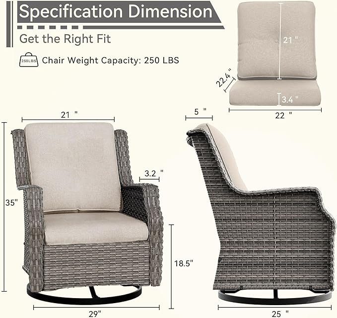 Swivel Patio Chair Outdoors - 360 Degree, Glider Chair with 3.5" Olefin Fabric Cushions (Mixed Grey Rattan/Beige)