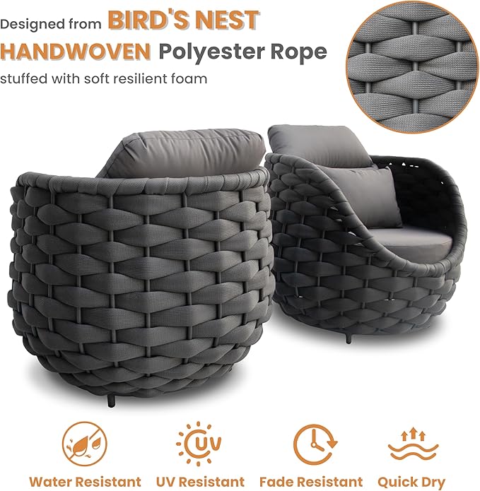 4 Pcs Patio Rope Accent Chair: Aluminum Single Lounge Armchair - Large Woven Chair Cushioned - Modern Arm Chair Assembled for 400lbs Outdoor Lanai Deck Balcony Porch Yard Garden Hotel, Dark Gray