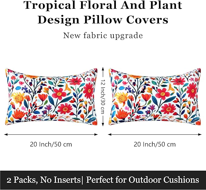 Outdoor Pillow Covers 12x20 Inch Set of 2 Floral Printed Boho Throw Pillows Cases Waterproof Lumbar Garden Cushion Sham for Spring Summer Patio Funiture Tent Balcony Bench Sofa Couch