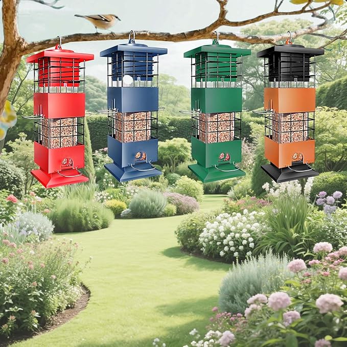 Squirrel Proof Bird Feeder, 3.5Lbs Large Capacity Metal Squirrel-Proof Bird Feeders for Outdoors Hanging, 4 Feeding Ports Wild Bird Feeders with Gravity Protection for Finch, Cardinal, Blue Jay