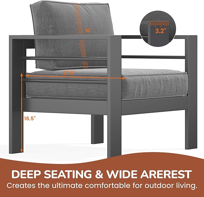 Solaste Aluminum Patio Furniture Set for All Weather, Oversized Metal Outdoor Furniture Set with 27.5" Deep Seating and 3.2" Wide Armrest, Outdoor Patio Conversation Sets with 5" Cushion, Dark Grey
