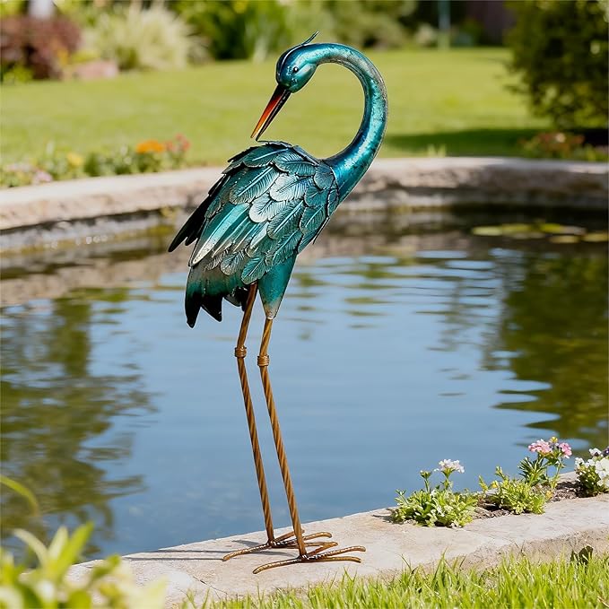 chisheen Crane Garden Statues, Metal Garden Crane Outdoor, Blue Heron Sculpture Metal Yard Art, Large Heron Decoy, Bird Statues, Lawn Ornaments for Backyard Pond Patio Porch Outside Decorations
