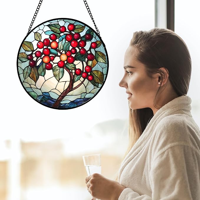 CRIS GIF Stained Glass Window Hanging - Red Fruit Tree Landscape Suncatcher for Doors Garden Patio Sun Catchers Decor Christmas Mother's Day Birthday Gifts for Women Men Mom Nana Friend 15 in