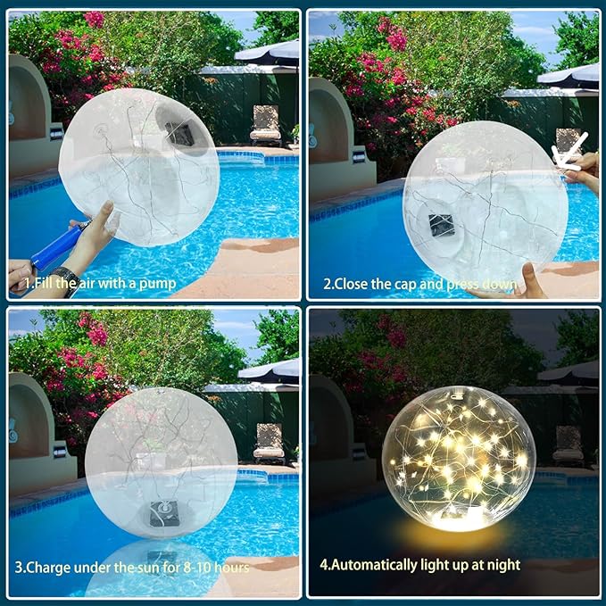 Solar Powered Floating Pool Lights - 14" Inflatable Waterproof Floating Light UP Pool Glow Balls, 3000K Warm-White Led Pool Lights That Float for Party Decorations, Outdoor Patio Detor (8)