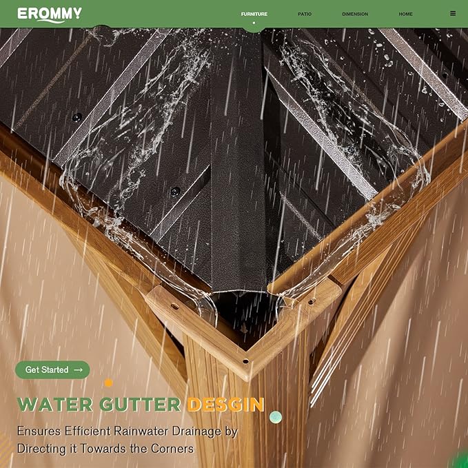 EROMMY 10'x12' Gazebo, Wood Grain Aluminum Frame Canopy with Double Galvanized Steel Hardtop Roof, Outdoor Permanent Metal Pavilion with Curtains and Nettings for Patio, Backyard and Deck