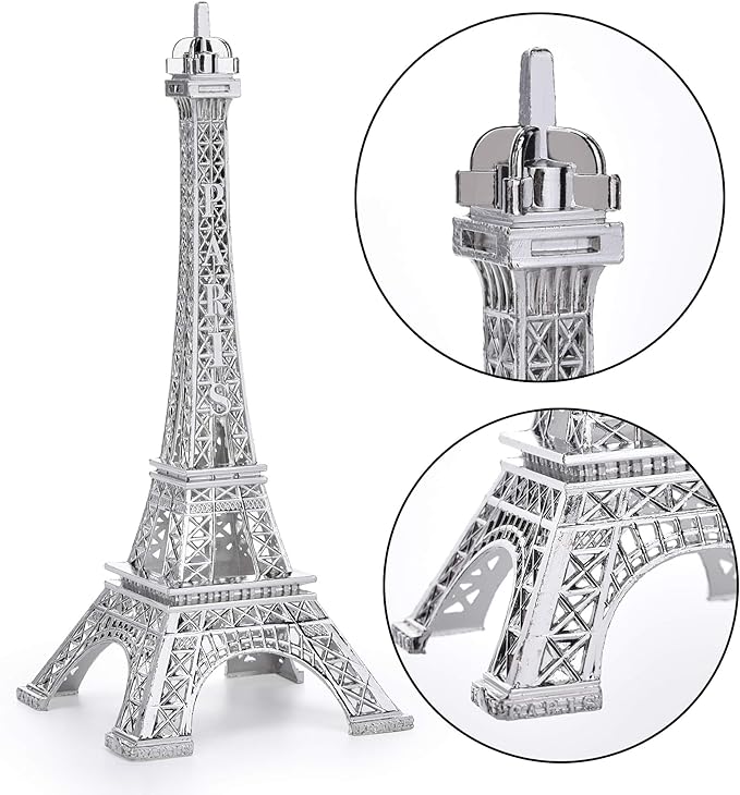 ESHATO Silver Metal Eiffel Tower Statue, 10inch Decorative Figurine Replica Stand Holder for Cake Topper Table Decor Gift Party Home Decoration