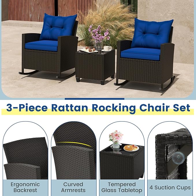 ORALNER 3 Pieces Patio Furniture Set, Outdoor Wicker Rocking Chairs with Soft Cushions, Glass Coffee Table, Rattan Conversation Bistro Set for Front Porch Balcony Garden Deck Poolside (Navy)
