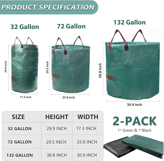 2 Pack 32 Gallon Reusable Yard Waste Bags (Green + Black), Collapsible Heavy Duty Lawn & Leaf Bags with Reinforced Handles for Leaf Collection, Yard Cleanup, Storage