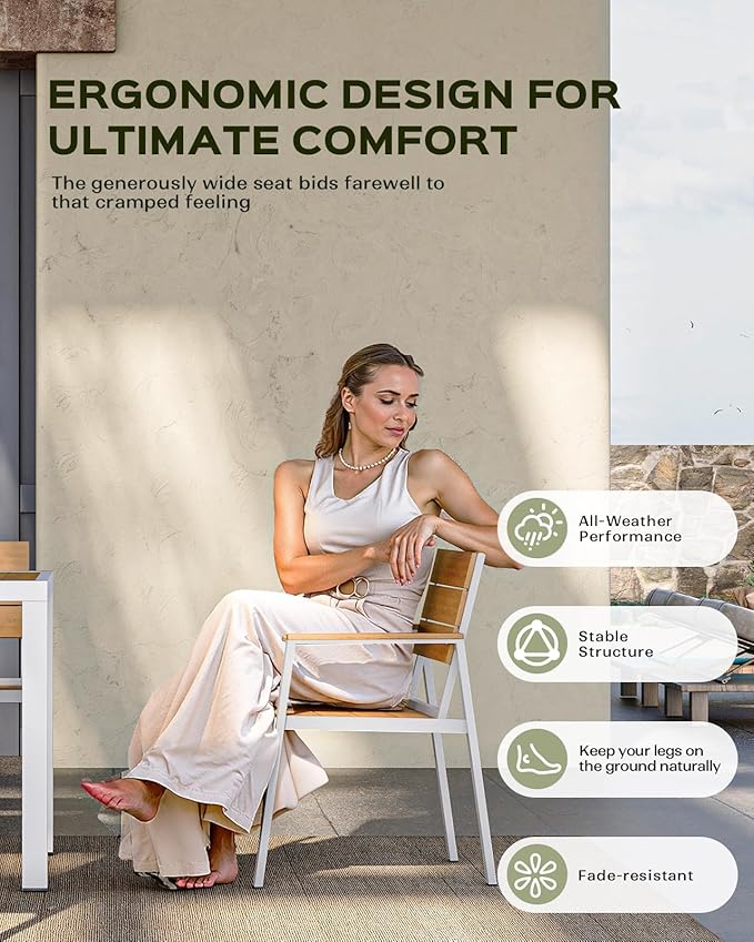 Outdoor Dining Set for 6, Patio Table and Chairs Set, Aluminum Patio Furniture Set with Umbrella Hole, HDPS Patio Dining Table Set for 6 (White-Teak)