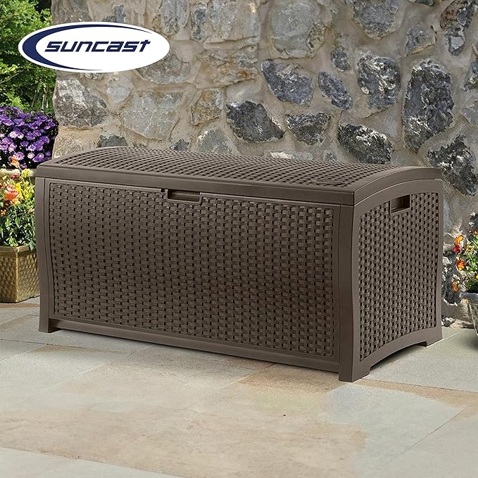 Suncast 99 Gallon Deck Garden Garage Home Wicker Resin Pool Box, Mocha (3 Pack)