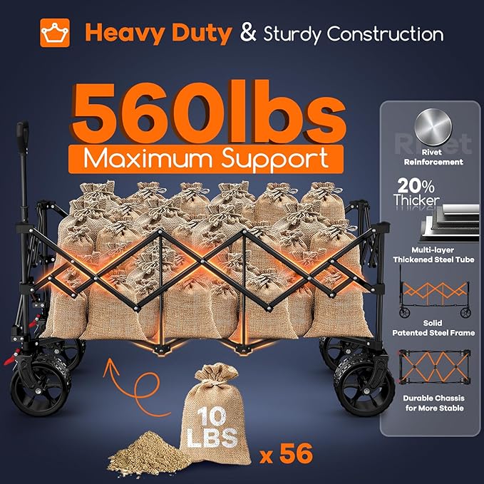 48" L Collapsible Wagon Cart Foldable, 560lbs Weight Capacity 300L Heavy Duty Folding Beach Wagons with Big All-Terrain Wheels, Utility Carts for Groceries, Shopping, Camping, Sports - Red