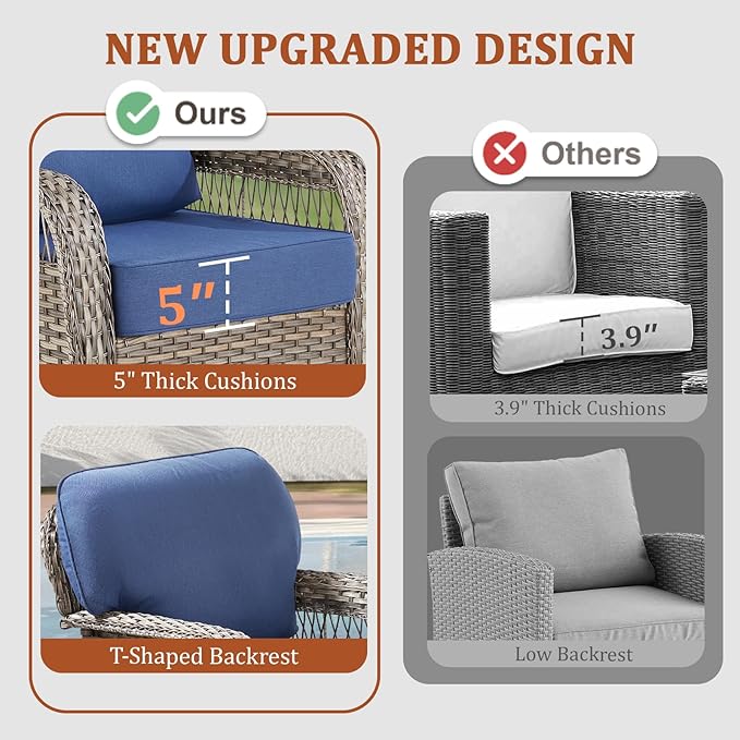Outdoor Swivel Rocker Chairs - Patio Rocking Chairs Set of 2, 3PCS Wicker Patio Set with 5" Thick Cushion and Side Table, Rattan Patio Swivel Rocking Chairs for Porch, Deck, Backyard Blue/Gray