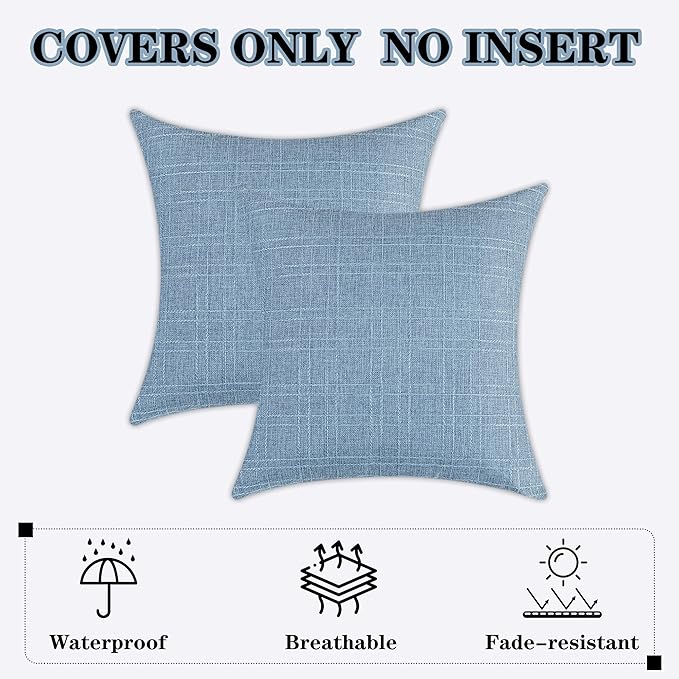 Kevin Textile Pack of 2 Decorative Outdoor Waterproof Checkered Pillow Covers Garden Cushion Sham Throw Pillowcase Shell for Patio Tent Couch 24x24 Inch Light Blue