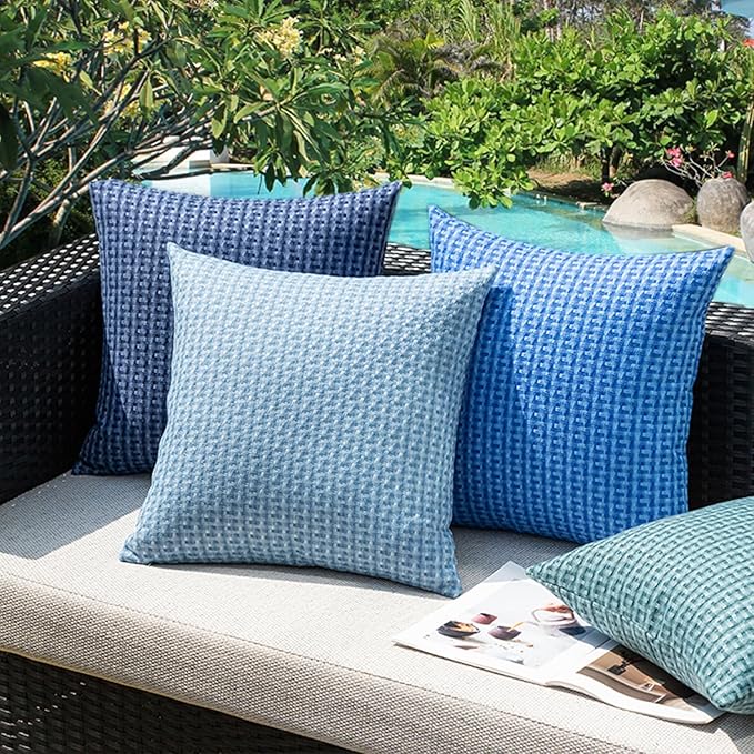 Kevin Textile Outdoor Waterproof Throw Pillow Covers Pack of 2 Farmhouse Decorative Cushion Covers for Garden Patio Tent Balcony Bench Couch Sofa 24x24 Inch, Light Blue