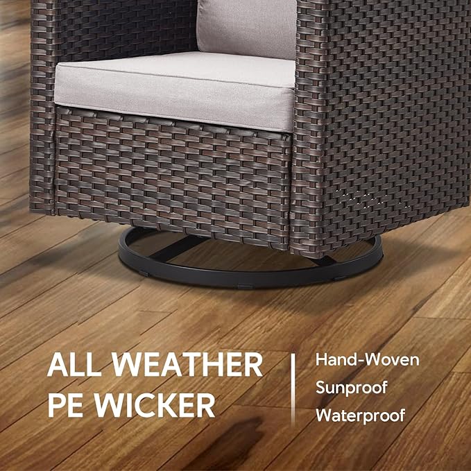 Outdoor Swivel Rocker Chairs Set of 4 with Fire Pit Table - 5 Peice Wicker Patio Furniture Set Conversation Set with 50,000 BTU Fire Pit for Deck Backyard - Brown Wicker Beige Cushion