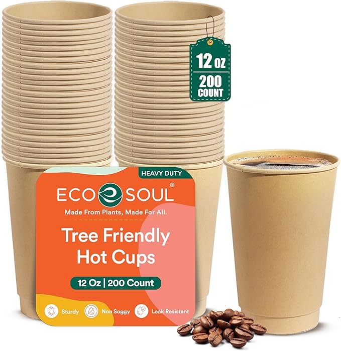 ECO SOUL 100% Compostable Plant-Based 12oz Hot Cups | (200 Count, 12 oz Hot Cups) | Disposable Bagasse Paper Cups | Eco-friendly Cups | Sturdy, Microwave & Oven Safe