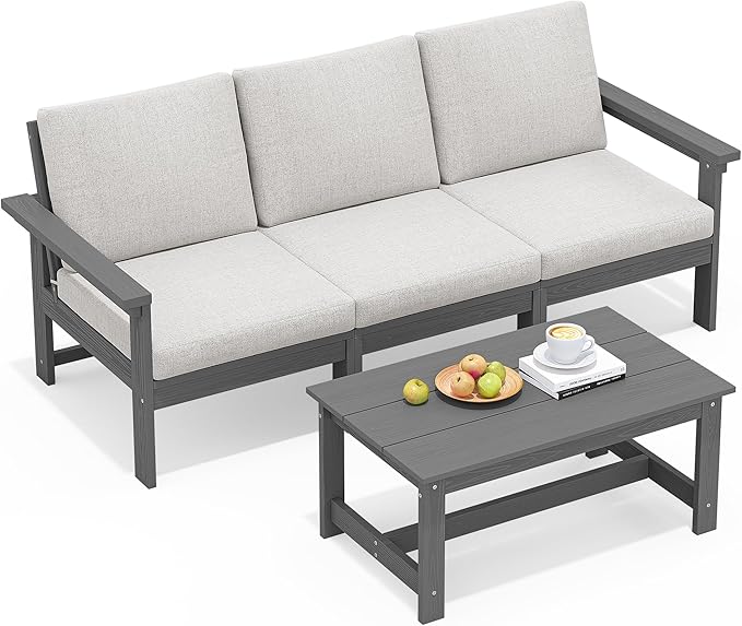 SERWALL HDPE Patio Sofa Set, 4-Piece Sectional Outdoor Furniture Set, All Weather Outdoor Couch Set Patio Furniture Set for Deck, Lawn, Grey Frame with Khaki Cushion