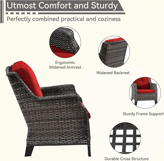 5 Piece Patio Furniture Wicker Conversation Set, 2 Chairs, 2 Ottomans with 1 Side Table, for Outdoors, Backyard, Deck, Red