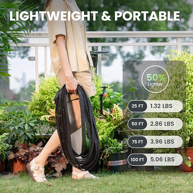 Giraffe Tools Garden Hose 100FT Lightweight Lay Flat Water Hose Kink Free Flexible Hose with 9 Spray Function Nozzle, Black