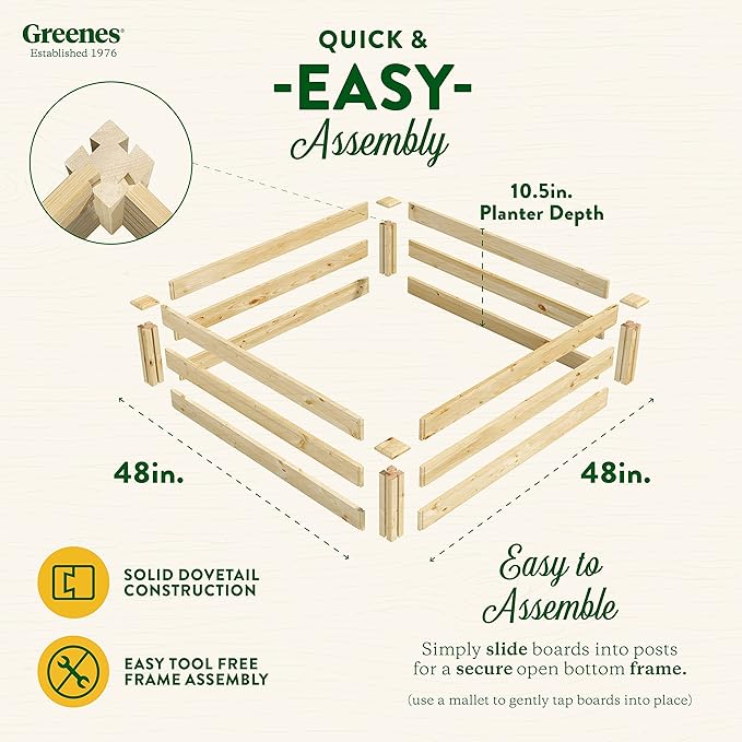 Greenes Fence Original Pine Raised Garden Bed, 4' x 4' x 10.5" - Made in USA with American Pine