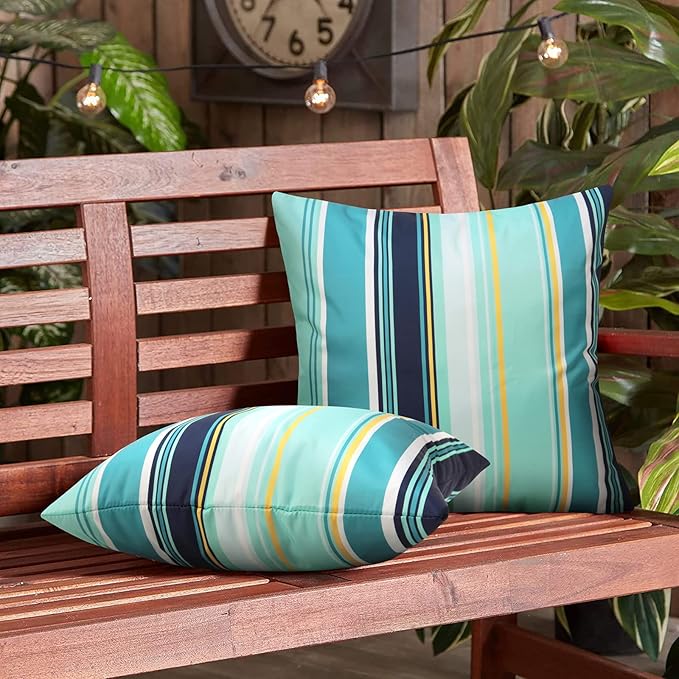 Pyonic Pack of 2 Outdoor Waterproof Throw Pillow Covers Light Blue Pillow Covers Decorative Square Cushion Cases for Patio Furniture Tent Garden Couch,18x18 Inches,Color Stripe