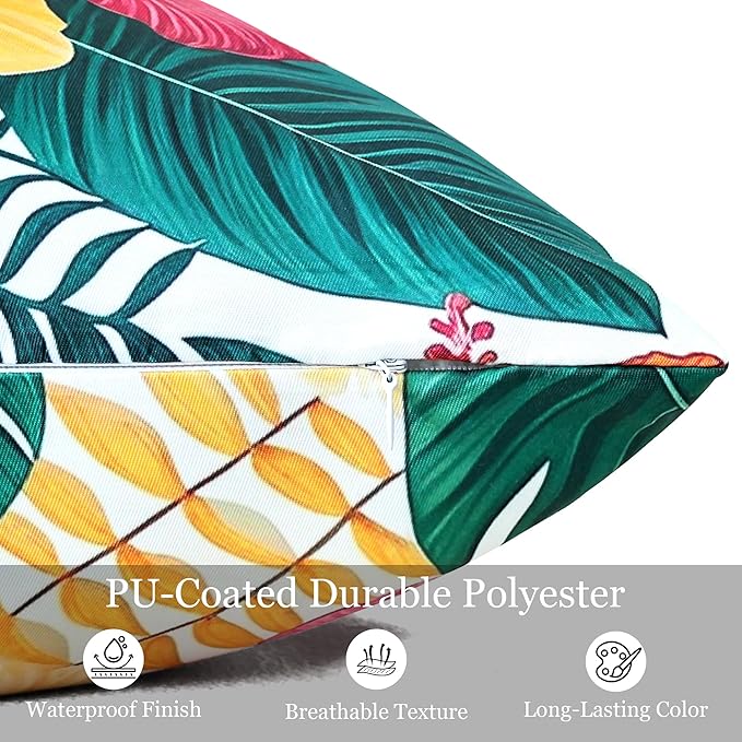 Outdoor Pillow Covers 18x18 Inch Set of 2 Tropical Floral Plants Boho Throw Pillows Cases Waterproof Square Garden Cushion Sham for Patio Funiture Tent Balcony Bench Sofa Couch, Green