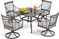 PHI VILLA 5 Pieces Outdoor Dining Set for 4, Square Black Wrought Iron Table with Umbrella Hole & Swivel Metal Chairs with Cushions, Modern Furniture for Patio, Deck, Yard, Porch