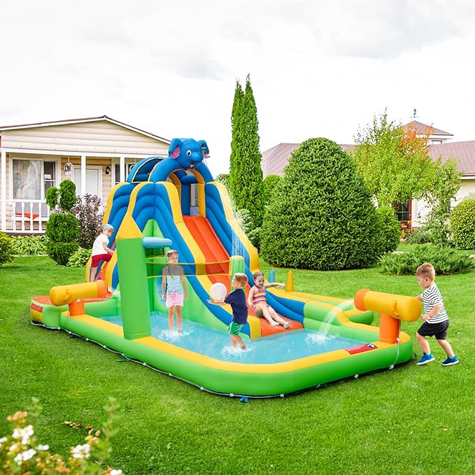 BOUNTECH Inflatable Water Slide, Elephant Surfing Slide Kids Water Park Jump Bouncy Castle w/2 Splash Pools, Hide & Seek Cave, Outdoor Water Slides Inflatables for Big Kids Backyard Party Gifts