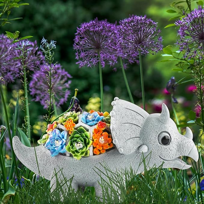 Garden Decor Solar Dinosaur Statues with Succulent and LED Lights for Outside, Outdoor Lawn Decorations Statue for Patio,Balcony,Yard,Unique Housewarming & Birthday Gifts for Women Mom Grandma