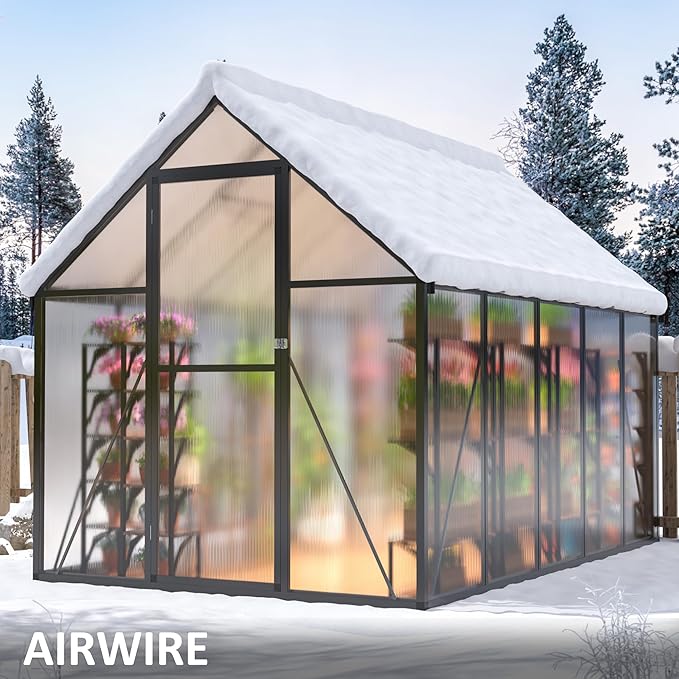 6x9 FT Quick Setup Polycarbonate Greenhouse with Roof Vent, Large Aluminum Walk-in Green House for Outdoor Garden Backyard, Black