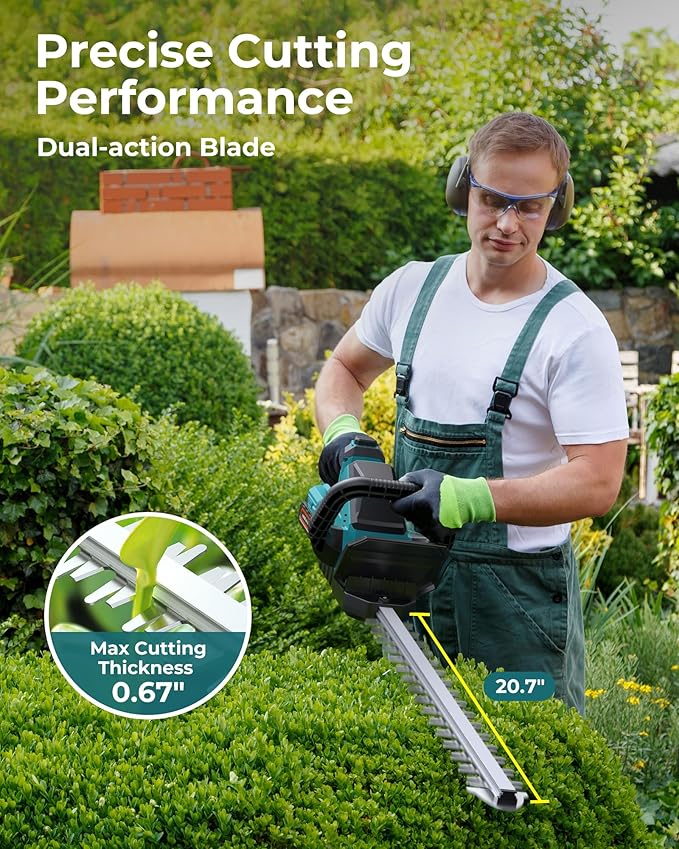 20'' Hedge Trimmer Cordless with Battery, Electric Handheld Bush Clipper with 2 Pack Rechargeable Batteries, 3000RPM 180° Rotatable Head, 2/3'' Blade Gap