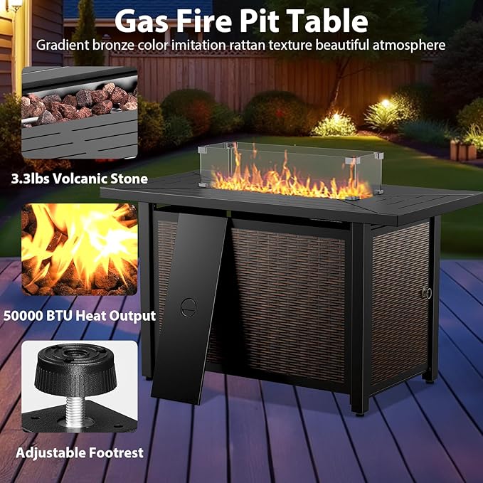7 Piece Patio Furniture Set with Fire Pit Table - Wicker Patio Conversation Set with Swivel Glider, 3 Seat Sofa, Side Table and 2 Ottomans for Deck Backyard - Grey Wicker Grey Cushion