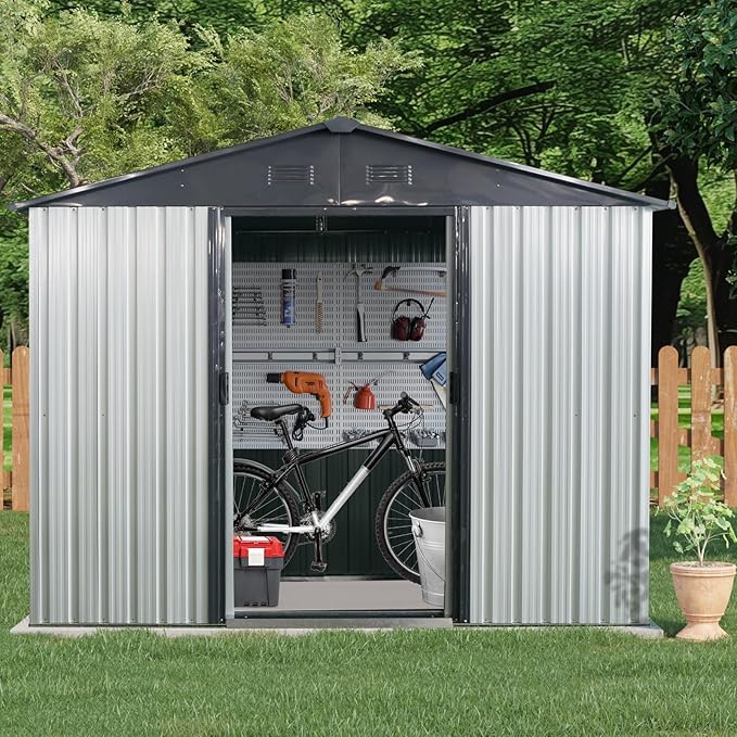 8x4 ft Outdoor Metal Storage Shed with Floor Foundation and Window, Lockable Galvanized Steel Tool Shed with Sliding Door and Air Vent, Waterproof Garden Storage House for Backyard, Patio