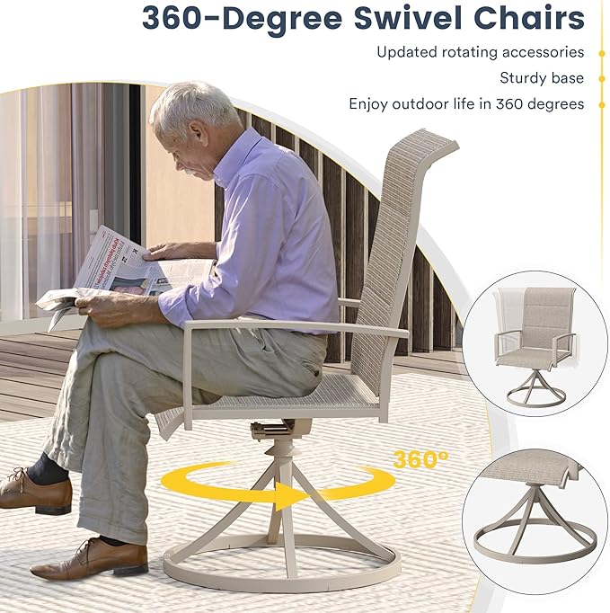 VICLLAX 7 Pieces Patio Dining Set for 6-Outdoor Furniture Includes 53" Round Outdoor Table and Swivel Padded Chairs, Sandshell Color Tabletop and Fabric