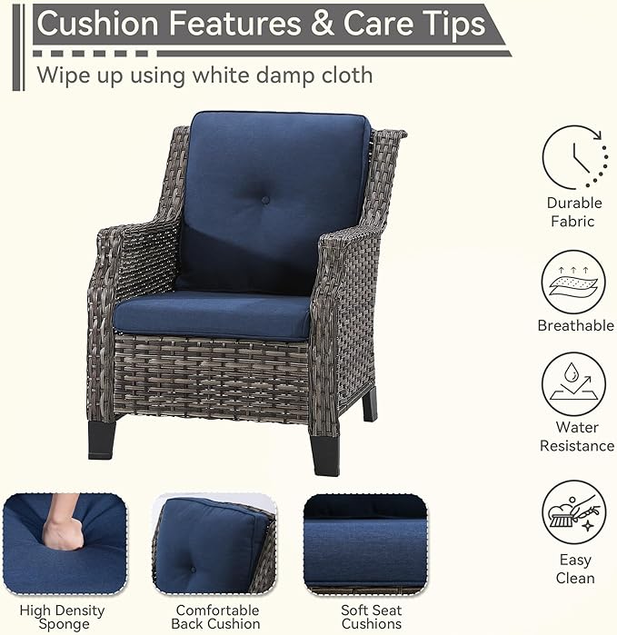 Patio Furniture Set 3 Pieces-Patio Chairs Set of 2 and A Side Table with Thick Cushions and All-Weather PE Wicker for Garden, Patio and Porch, Navy