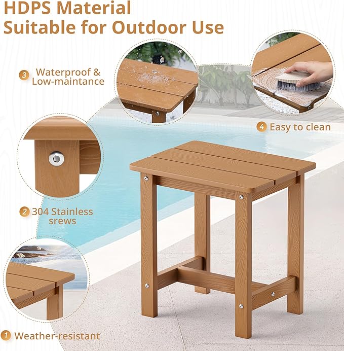LUE BONA Outdoor Side Table, HDPS Small Adirondack End Table for Patio, Porch, Deck, Weather Resistant, Easy Maintenance, Indoor or Outdoor Use, Teak Color