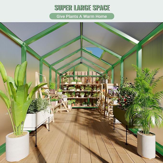 Greenhouse, 6x10 Ft Outdoor Greenhouses, Accessible Green House with Roof Vents and Sliding Doors, Aluminum Frame Polycarbonate Greenhouses, Large Greenhouse for Outdoor Gardens and Backyards, Green