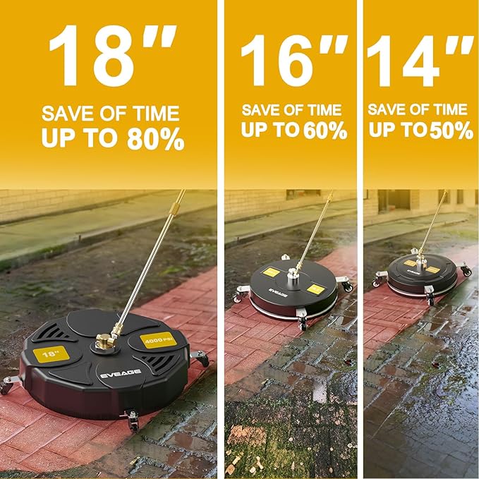 EVEAGE 18 Inch Large Size Pressure Washer Surface Cleaner Attachment with Wheels, 4000 PSI Power Washer Accessory with 1/4" Quick-Connect,2 Extension Wand for Driveways Sidewalks Patios Cleaning